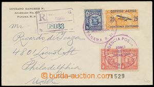 136360 - 1929 Reg and airmail letter to USA with 2+2+5+25c, violet ca