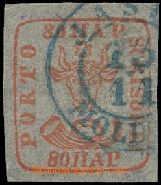 136709 - 1858 Mi.7a, Volská hlava 80Par cihlově červená, modré D