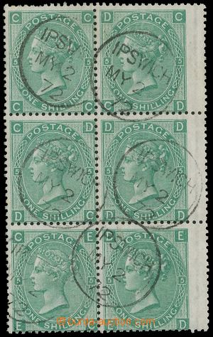 137306 - 1867 Mi.33; SG.117, 1Sh green, plate 5, marginal block-of-6 