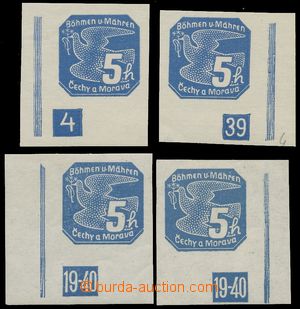 137447 - 1939 Pof.NV2, 5h modrá, sestava 4ks rohových kusů s DČ L