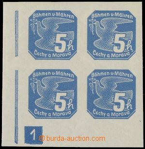 137448 - 1939 Pof.NV2, 5h modrá, rohový 4-blok s DČ 1, úzký rám