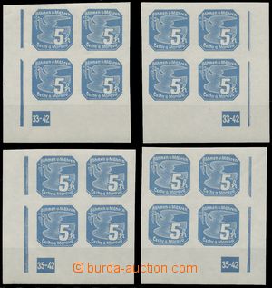 137455 - 1939 Pof.NV2, 5h modrá, sestava 4ks rohových 4-bloků L+P 