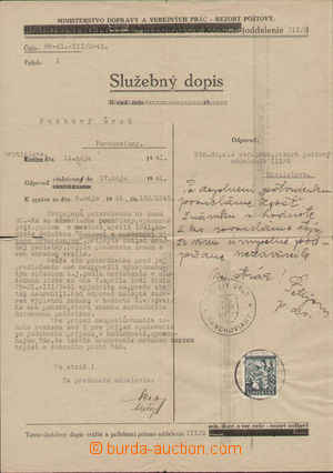 137663 - 1941 FISKÁLNÍ POUŽITÍ POŠTOVNÍ ZNÁMKY  formulář Slu