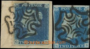 139474 - 1840 Mi.2b+c; SG.5-6, comp. of 2 stamps 2P, blue on cut-squa