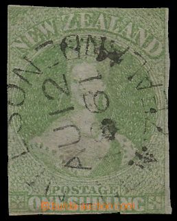 139915 - 1855 SG.6, Královna Viktorie 1Sh zelená, modrý papír bez