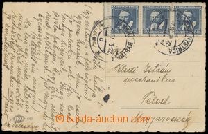 144022 - 1939 postcard to Feledu (Jesenské), franked with. str-of-3 