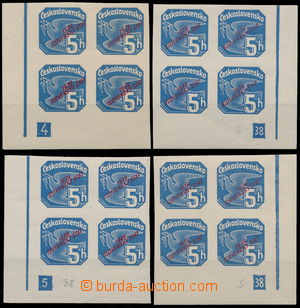 146880 - 1939 Alb.NV2, Přetisk 5h modrá, sestava 4ks rohových 4-bl