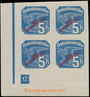 146881 - 1939 Alb.NV2, Přetisk 5h modrá, rohový 4-blok s DČ 12