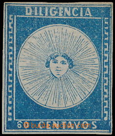 147147 - 1856 Mi.1, Slunce s paprsky 60C modrá, nápis DILIGENCIA, b