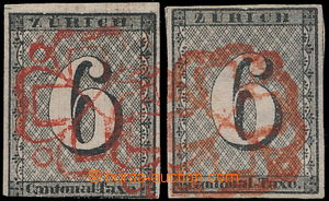 147247 - 1843 ZÜRICH  Mi.2I, 2II, comp. 2 pcs of stamps Numerals 6Rp