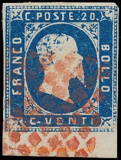 147866 - 1851 Sas.2, Viktor Emanuel II. 20C modrá, krajový kus s do
