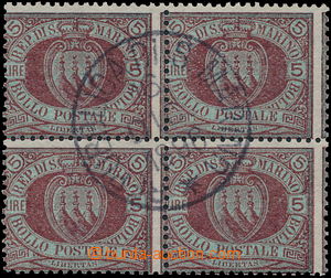 148776 - 1892 Sas.22, Coat of arms 5L brownlila / green, block of fou