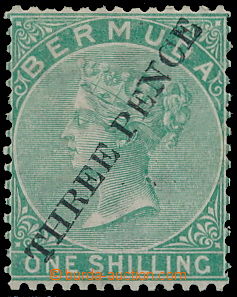 148913 - 1874 SG.14, overprint 3P / 1 Sh green, type 7; larger hinge 