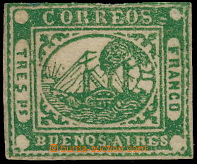 148963 - 1858 Mi.2a, BUENOS AIRES, Barquitos 3P green; close margin, 