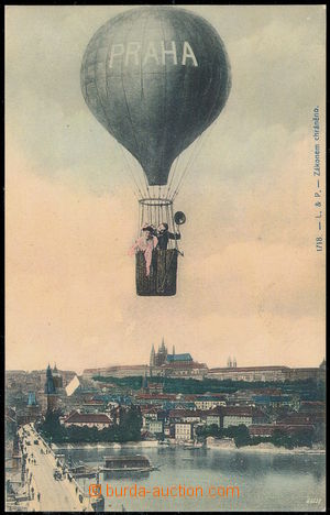 150138 - 1908 PRAGUE - color collage with balloon above Hradčany, pu