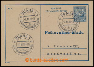 150297 - 1938 CAZ1A, adresní lístek, český text, DR PRAHA1/ 7.III