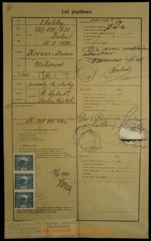 150688 - 1920 Poptávací list na zásilku 3 balíků do Užhorodu, p