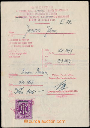 152506 - 1947 povolení o výjezdu, kde poplatek byl uhrazen poštovn