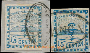 152777 - 1858 Mi.3a, 3b, Coat of arms 15C blue on cut square and 15C 