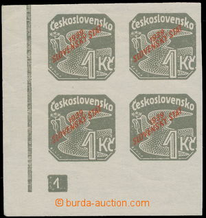 153912 - 1939 Alb.NV9, 1CZK grey, LL corner blk-of-4 with plate mark 