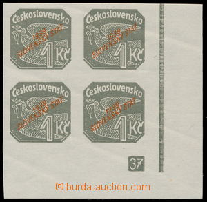 153913 - 1939 Alb.NV9, 1CZK grey, LR corner blk-of-4 with plate mark 