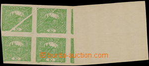 154970 - 1918 Pof.6N production flaw, 10h green, block of four print 