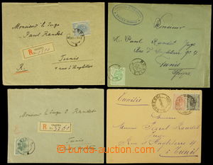 155905 - 1900 4 dopisy do Tunisu, tiskopis 5 Bani!, obyčejný dopis 