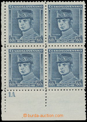 156538 - 1939 Alb.1, Štefánik 60h blue, LL corner blk-of-4 with pla