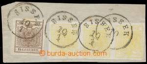 157421 - 1850 Mi.1Y(3),4Y, Coat of arms 1 Kr, strip of 3 T III. MP li