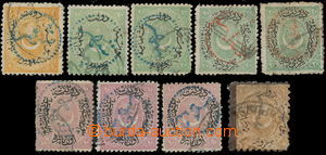 157432 - 1875-1876 9 tureckých známek s červenými a modrými raz.