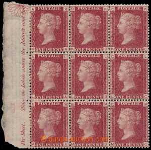 157493 - 1858-1879 SG.43, 1P pink-brown, marginal block of 9, plate 9
