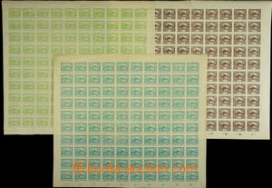 157678 -  Pof.1, 3 and 8, complete 100-stamps sheet, values 1h brown,