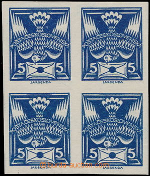 161074 -  Pof.143N, 5h blue imperforated, block of four with full off