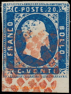 164847 - 1851 Sas.2, Viktor Emanuel II. 20C modrá, krajový kus s do