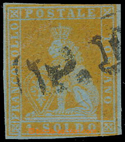 164870 - 1851 Sas.2c, Heraldický lev 1 Soldo zlatožlutá na modrém