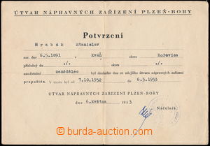 165010 - 1953 PLZEŇ - BORY  letter of discharge zemědělce from Ho