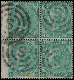 165709 - 1865 SG.101, 1Sh green, marginal block of 4, plate 4, wmk Em