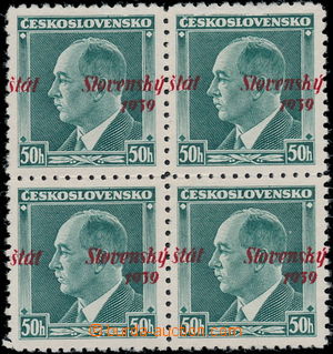 166036 - 1939 Zsf.8, Beneš 50h green, block of four, horiz. shifted 