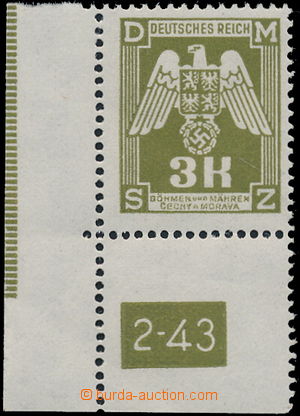 166989 - 1943 Pof.SL22, 3K žlutozelená, rohový kus s DČ 2-43 a š