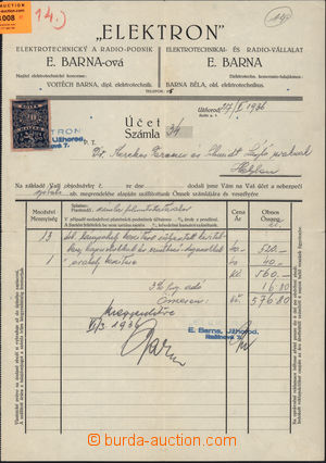 168008 - 1936 invoice ELEKTRON, fee paid Czechoslovakia revenue 20h, 