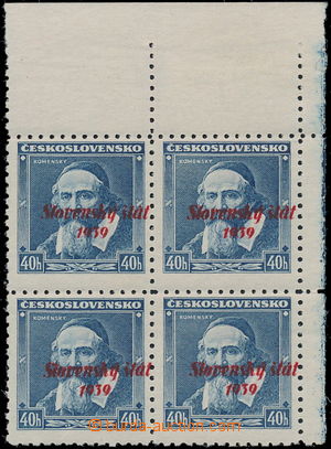 169526 - 1939 Alb.7, Comenius 40h blue, upper corner blk-of-4, 2 stam