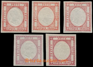 169579 - 1861 KINGDOM OF NAPOLI Sass. 21, 5x 5Gr, i.a. shades rosso c