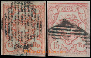 169598 - 1852 Mi.10, Mi.12, RAYON III. 15Rp, small and big numerals, 