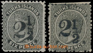 170083 - 1881 TURKS ISLAND SG.26, 28, 2x Victoria 6P black with Opt o