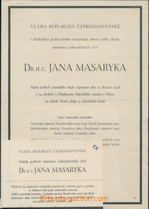 170172 - 1948 FUNERÁLIE/ PARTE  smuteční oznámení, MASARYK Jan (
