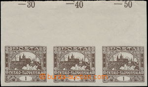 172913 -  Pof.1, 1h brown, upper marginal strip-of-3 with whole contr