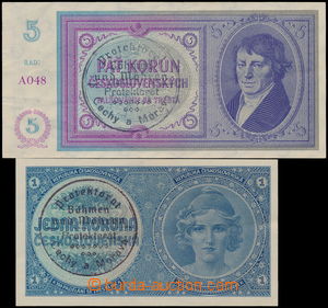 173480 - 1938-40 Ba.28a, 29a, 1 Koruna and 5 Koruna with hand-made ov