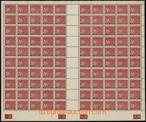 174983 - 1939 Pof.DL3, value 20h, complete 100 stamps sheet (50+50) (