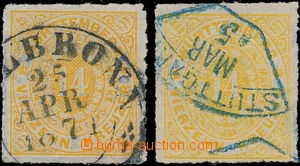 175174 - 1869 Mi.41, Ovál 14Kr žlutá, 2ks, různé odstíny, 1x mo