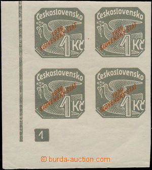 175812 - 1939 Alb.NV9, 1CZK grey, LL corner blk-of-4 with plate numbe